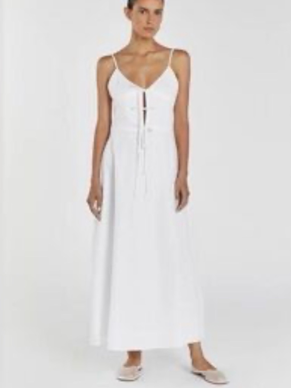 DISSH mimi linen cotton White Spaghetti-Strap Maxi Dress with Front Tie